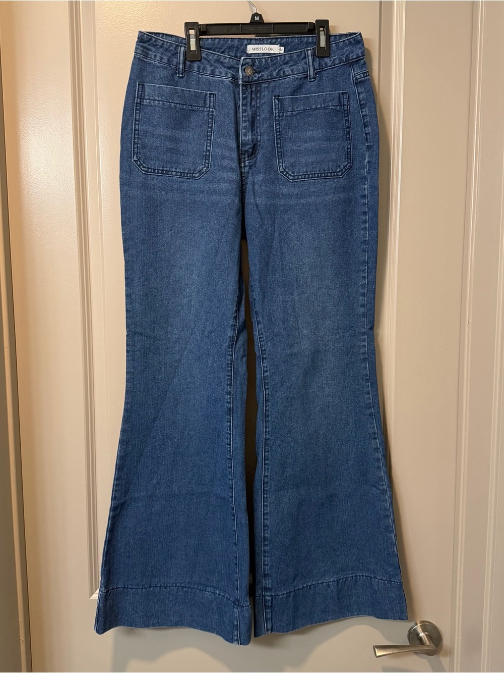 Mislook High Waisted Retro Front Patch Pocket Wide Leg Medium Wash Jeans Size M